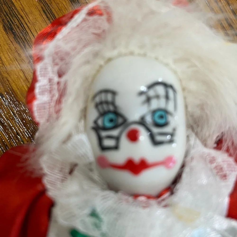 Vintage Mini Mrs. Claus Xmas Clown Porcelain Head Cloth Body 5